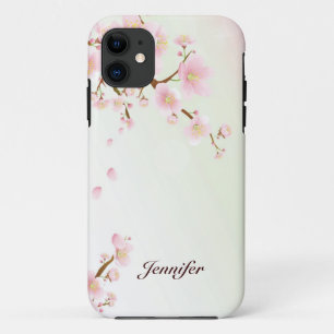 ピンクと白のさくらんぼ花自然モノグラム iPhone 11 ケース