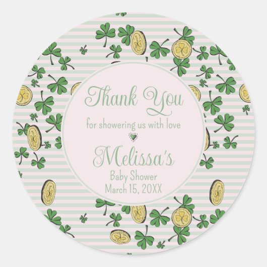 ピンクと白のアイルランドの赤ちゃん女の子ありがとう ラウンドシール (正面)