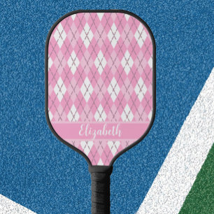 ピンクと白のアーガイル名門私立校風の名前をカスタムするモダン ピックルボールラケット