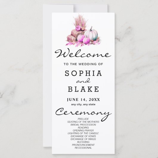 ピンクと白のカボチャ秋の結婚式プログラム (正面)