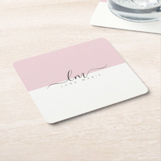 ピンクと白のカリグラフモノグラムミニマル主義者 スクエアペーパーコースター (アングル)