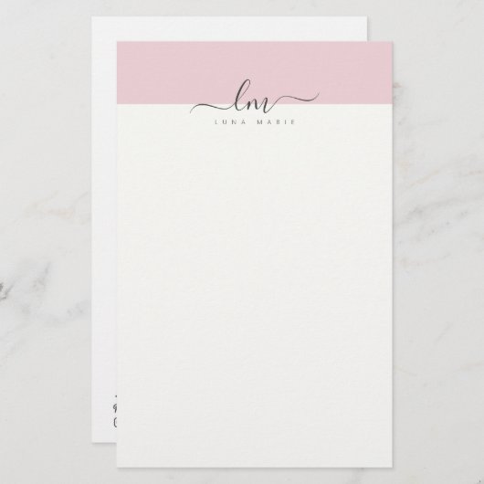 ピンクと白のカリグラフモノグラムミニマル主義者 便箋 (正面/裏面)
