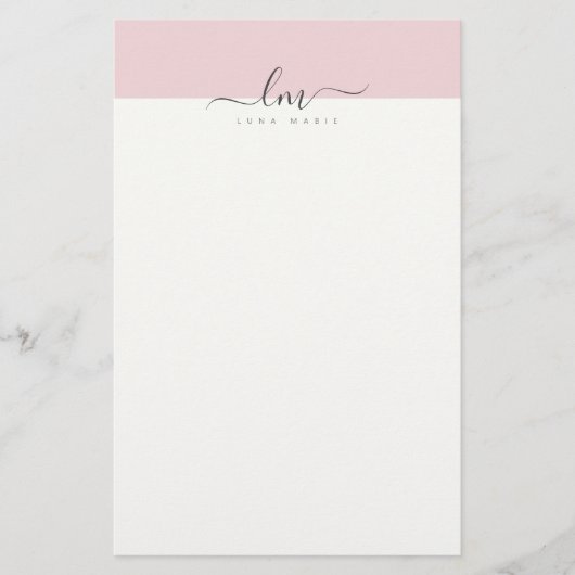 ピンクと白のカリグラフモノグラムミニマル主義者 便箋 (正面)