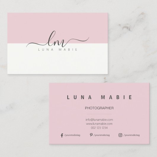 ピンクと白のカリグラフモノグラムミニマル主義者 名刺 (正面/裏面)