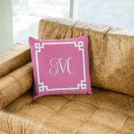 ピンクと白のギリシャ語の鍵ス縁どクリプトモノグラム クッション