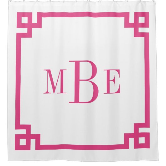 ピンクと白のギリシャ語鍵モノグラム シャワーカーテン (正面)