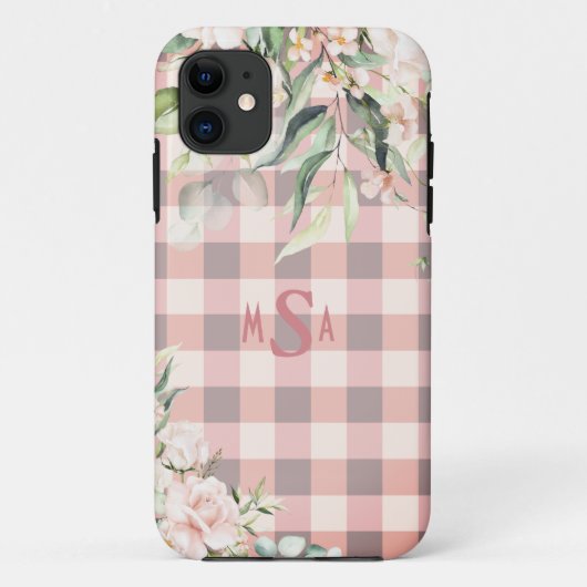 ピンクと白のギンガムチェックフラワーモノグラム Case-Mate iPhoneケース (裏面)