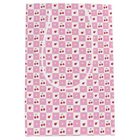 ピンクと白のギンガムパターンさくらんぼ抱き枕 ミディアムペーパーバッグ (正面)