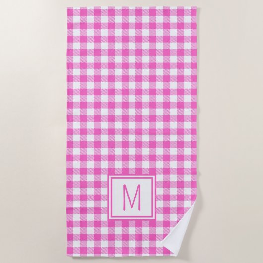 ピンクと白のギンガムプレイドモノグラム ビーチタオル (正面)