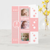 ピンクと白のギンガムプレイド写真あらゆる年齢の子供 カード (黄色い花)