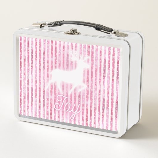 ピンクと白のクリスマスジョイトナカイ メタルランチボックス (正面)