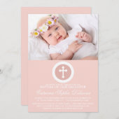 ピンクと白のクロスバプテスマ写真招待状 招待状 (正面/裏面)