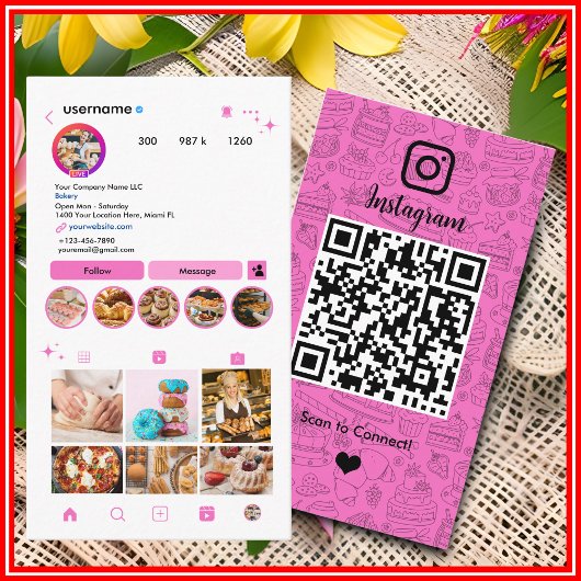 ピンクと白のケーキ バーコード入りパン屋Instagramシェフ名刺 名刺