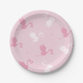 ピンクと白のコウノトリ配達ガールベイビーシャワーかわいい ペーパープレート