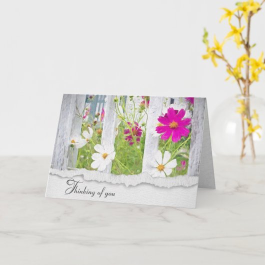 ピンクと白のコスモスの考える花々 カード (黄色い花)