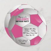 ピンクと白のサッカーボール誕生パーティー 招待状 (正面/裏面)