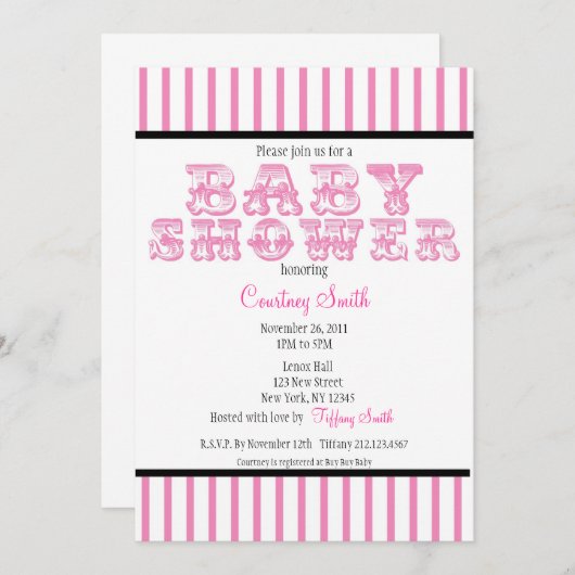 ピンクと白のサーカストライプのスのベビーシャワーインヴィタティ 招待状 (正面/裏面)