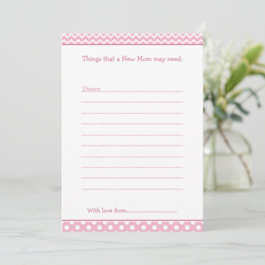 ピンクと白のシェブロンのアドバイスリストで新しいママを 招待状 (スタンド正面)