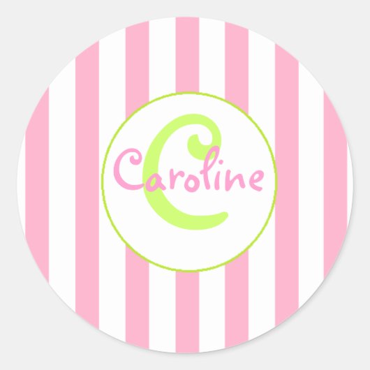 ピンクと白のシストライプのステッカー(ライムアクセント付) ラウンドシール (正面)