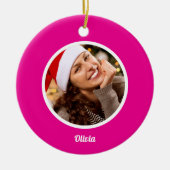 ピンクと白のシンプル家族の名前モノグラムPHOTO セラミックオーナメント (正面)