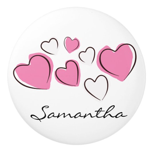 ピンクと白のスケッチハートセラミックプルまたはノブ セラミックノブ (正面)