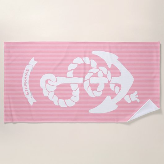 ピンクと白のストライプいかりあなたの名前または引用文 ビーチタオル (正面)