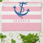 ピンクと白のストライプいかり2 キッチンタオル (折り畳み)