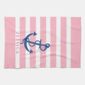 ピンクと白のストライプいかり2 キッチンタオル (横)