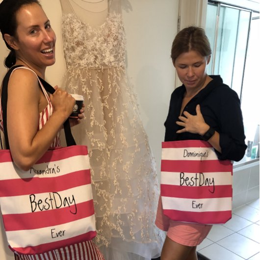 ピンクと白のストライプのおもしろいシックパーソナライズされた トートバッグ