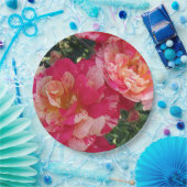 ピンクと白のストライプのバラフローラアート ペーパープレート (パーティー)