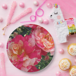 ピンクと白のストライプのバラフローラアート ペーパープレート