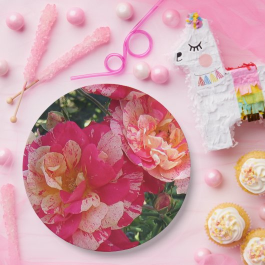 ピンクと白のストライプのバラフローラアート ペーパープレート (パーティー)