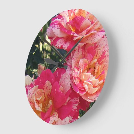 ピンクと白のストライプのバラフローラアート ラージ壁時計 (傾斜)