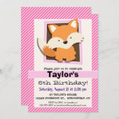 ピンクと白のストライプの可愛いキツネ 招待状 (正面/裏面)