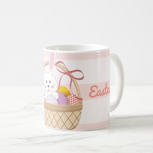 ピンクと白のストライプイースターバニーのバスケット コーヒーマグカップ (正面右)