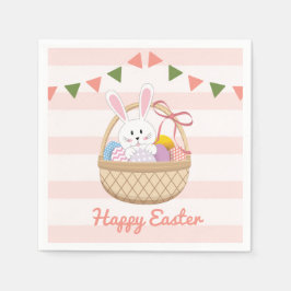 ピンクと白のストライプイースターバニーのバスケット スタンダードカクテルナプキン