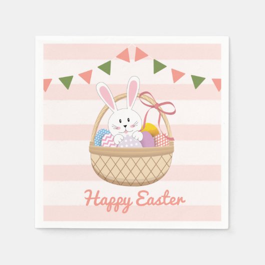 ピンクと白のストライプイースターバニーのバスケット スタンダードカクテルナプキン (正面)