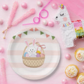ピンクと白のストライプイースターバニーのバスケット ペーパープレート (パーティー)