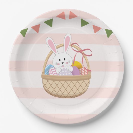 ピンクと白のストライプイースターバニーのバスケット ペーパープレート (正面)