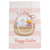 ピンクと白のストライプカゴの子供の復活祭バニー ミディアムペーパーバッグ (裏面)