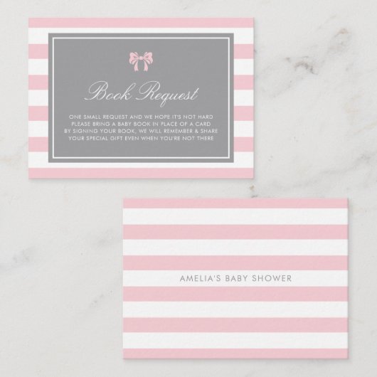 ピンクと白のストライプシャワーブックリクエストカード プレイスカード (正面/裏面)