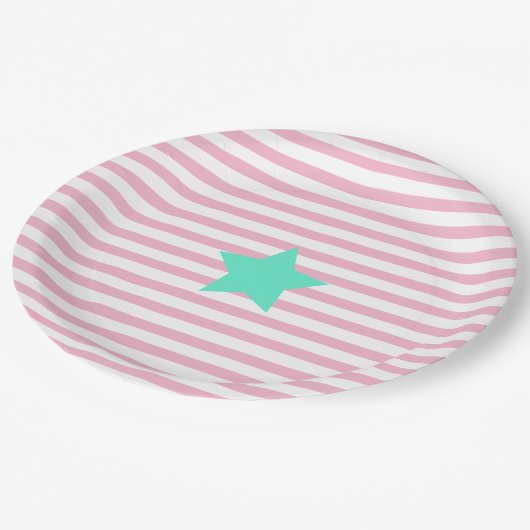 ピンクと白のストライプティール（緑がかった色）と星 – 紙プレート ペーパープレート (アングル)