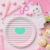 ピンクと白のストライプティール（緑がかった色）ハート-紙プレート ペーパープレート (パーティー)