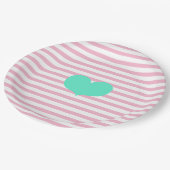 ピンクと白のストライプティール（緑がかった色）ハート-紙プレート ペーパープレート (アングル)