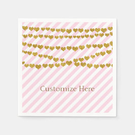 ピンクと白のストライプ金ゴールドハートパーティー スタンダードカクテルナプキン