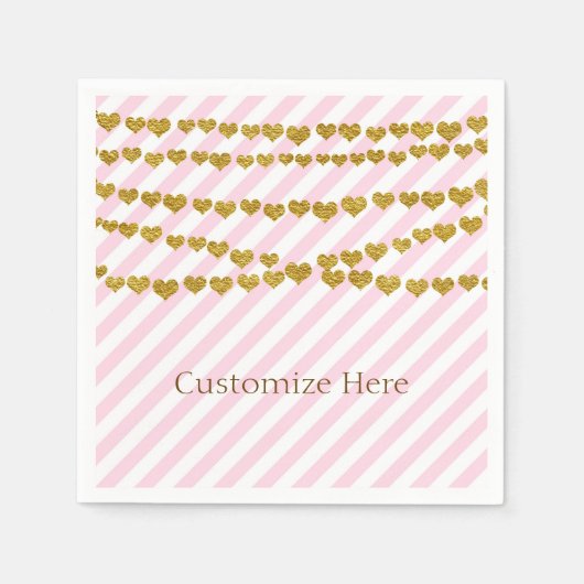 ピンクと白のストライプ金ゴールドハートパーティー スタンダードカクテルナプキン (正面)