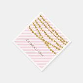 ピンクと白のストライプ金ゴールドハートパーティー スタンダードカクテルナプキン (角)