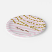 ピンクと白のストライプ金ゴールドハートパーティー ペーパープレート (アングル)