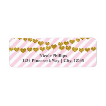 ピンクと白のストライプ金ゴールドハートラベル