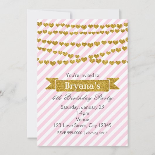 ピンクと白のストライプ金ゴールドハート招待状 招待状 (正面)